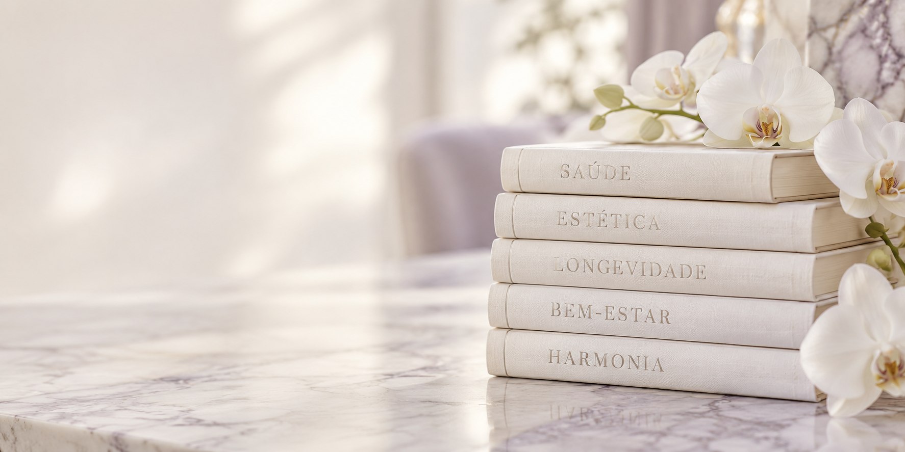 Livros sobre saúde, estética, longevidade, bem-estar e harmonia ao lado de flores