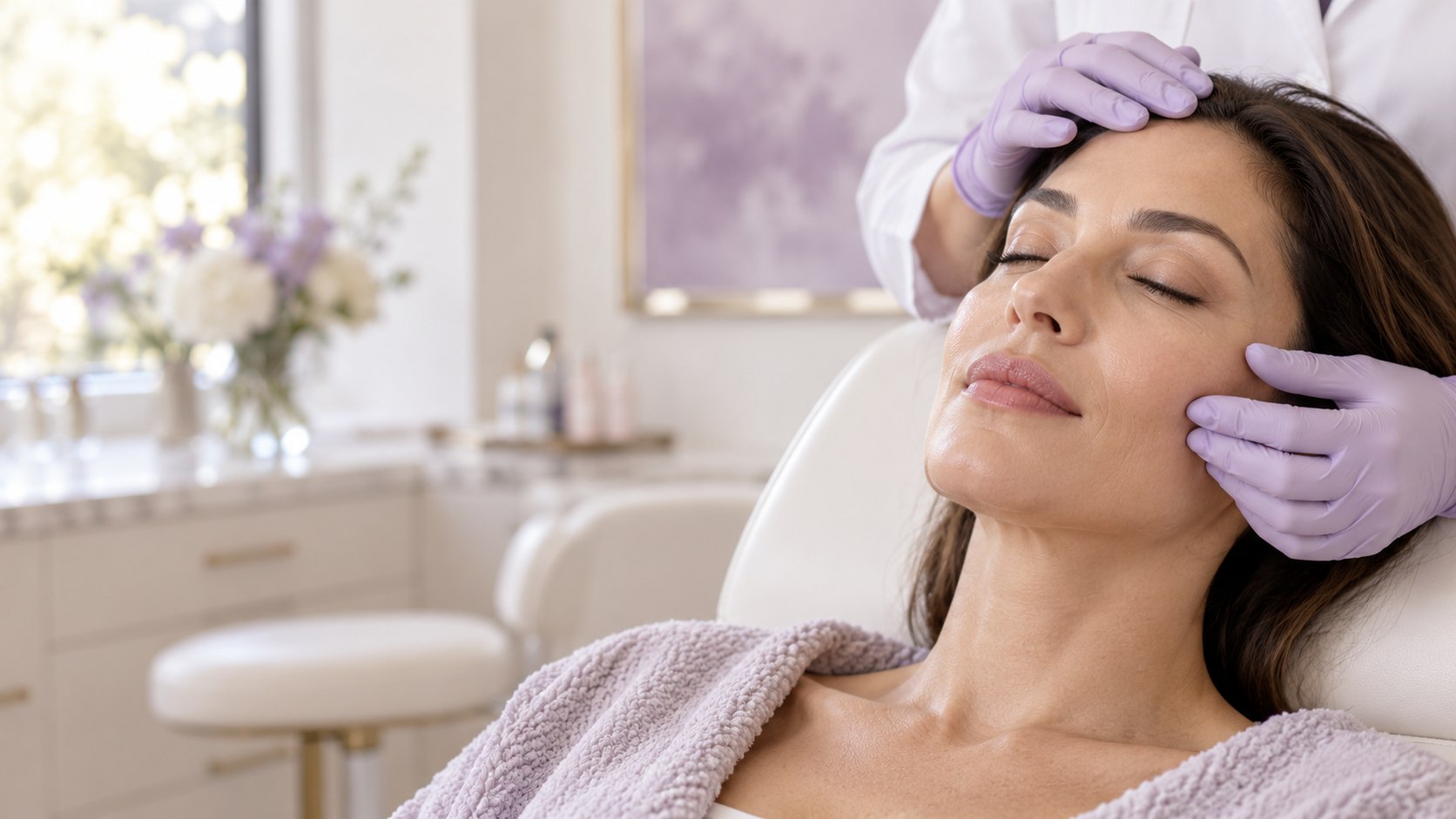 Avaliação facial cuidadosa com uma profissional usando luvas