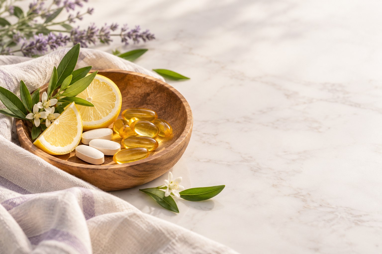 Vitaminas e nutrientes em uma composição com frutas e folhas