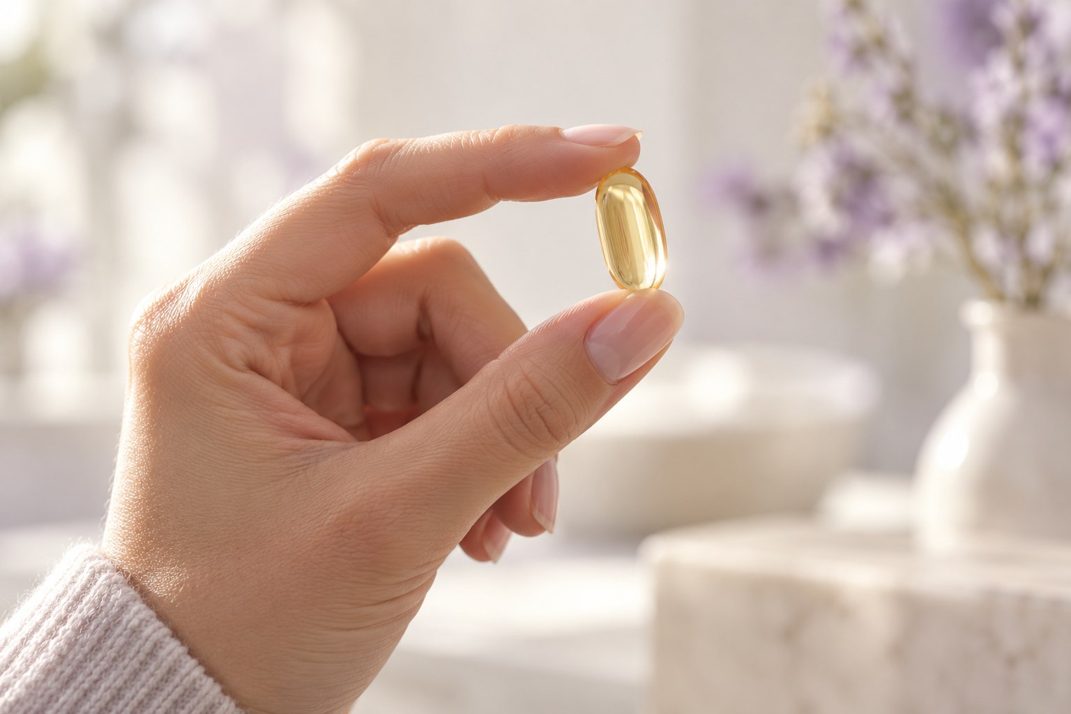 Mão segurando uma cápsula dourada de vitamina diante de uma luz suave