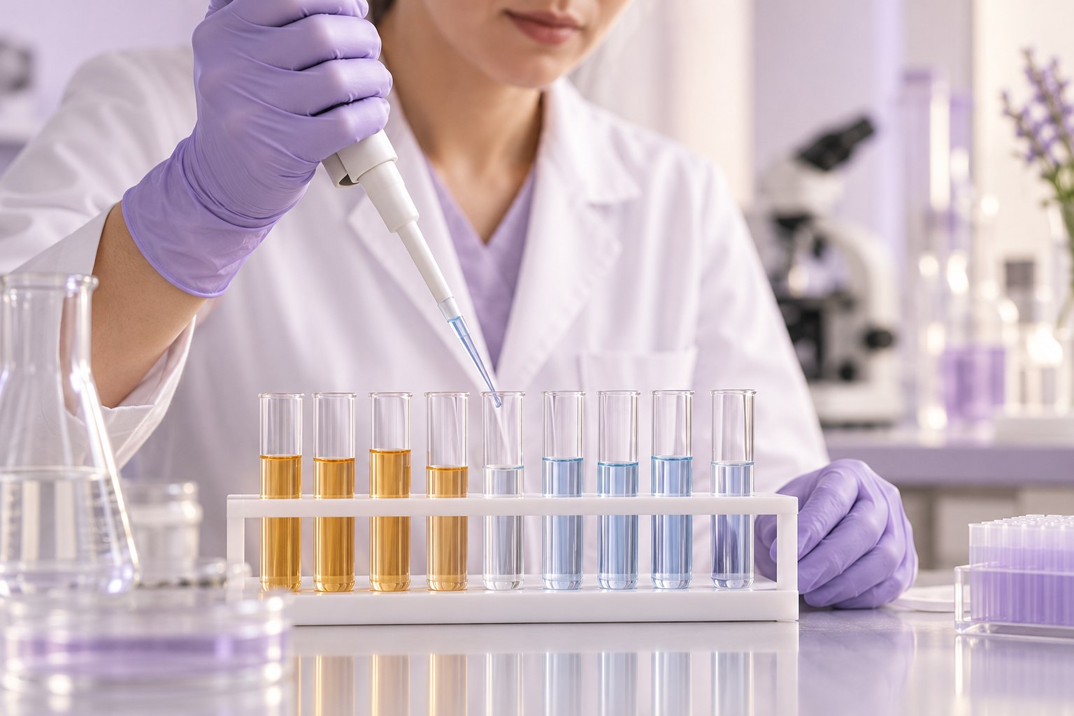 Análise em laboratório com pipeta e tubos de ensaio