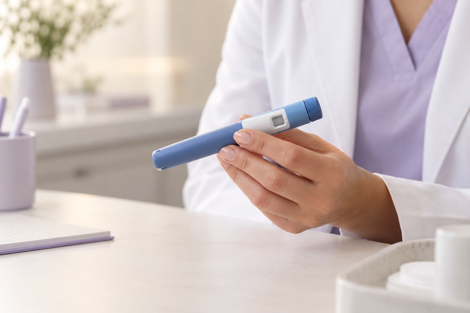 Profissional segurando um dispositivo médico de aplicação, sem realizar um procedimento