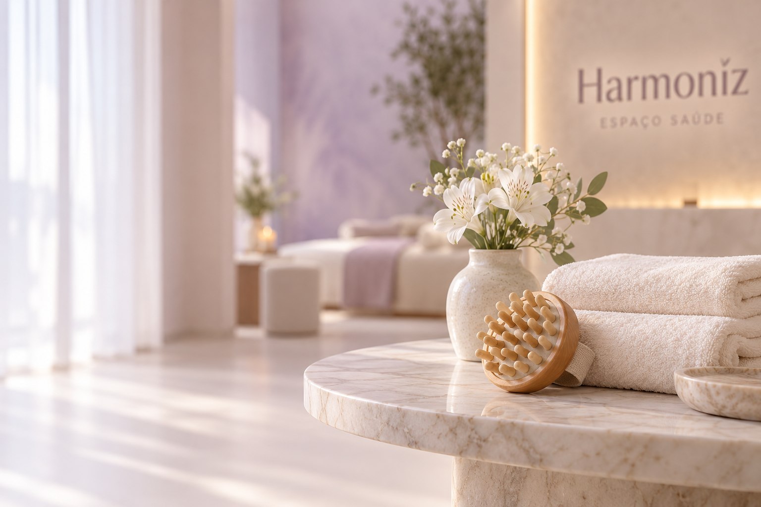 Toalhas, escova de massagem capilar e flores no espaço Harmoníz
