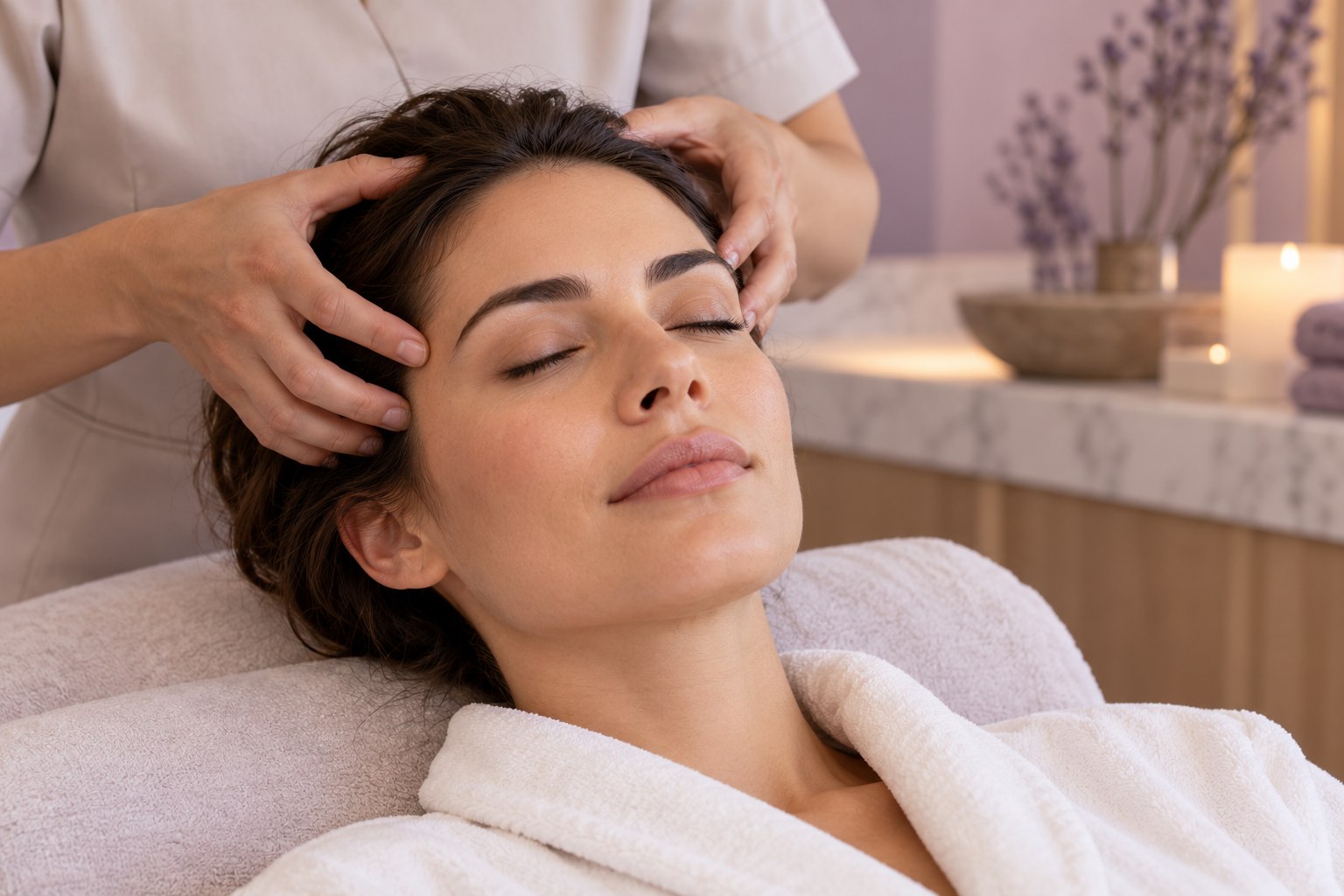 Massagem suave no couro cabeludo e nas têmporas
